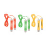 Two pairs of skipping ropes with bright orange and green handles and matching cords, featuring a logo on the handles.