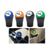 A set of four coloured dustbins for cars in black, featuring a logo on the lids.