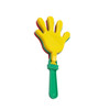 A novelty hand clapper in bright yellow with a green handle, featuring layered colours for added fun.