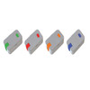 A set of four lunch boxes in grey, featuring coloured clips in green, red, orange, and blue. Each box has a logo.