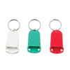 A set of three pill boxes in white, green, and red, each attached to a keyring. Each box has a simple design.