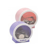 A pink and a purple coin bank, both with transparent sections displaying coins inside. Each bank features a logo.