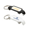 A drink bottle opener in black and white, featuring a keyring and a logo on each piece.