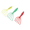 A head massager featuring three plastic tools in yellow, green, and red, each with multiple prongs and a branding logo.