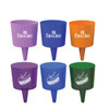 A set of six plastic cups in purple, blue, orange, green, and dark purple, with logos on some cups.