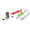 A drink bottle opener keychain in green and white, featuring a mobile phone stand function. Includes a branding logo.