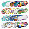 A collection of various patterned sleep eye masks in different colours, featuring multiple designs and a logo on some.
