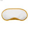 A sleep eye mask in white with a mustard yellow trim, featuring logo branding.