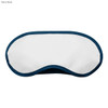 A navy blue sleep eye mask with a white front and a curved design. It features a branding logo.