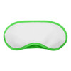 A sleep eye mask in white with a bright green border, featuring a simple, curved design and a logo.