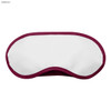 A maroon sleep eye mask with a white front surface and a contoured shape. It features a logo on one side.