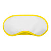 A sleep eye mask in white with a bright yellow trim, featuring a logo on one side.