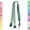 A green woven lanyard with a logo, featuring a clasp and surrounded by various colour options.