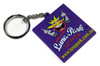 A purple custom PVC keyring featuring a playful design and a metal keychain attachment.