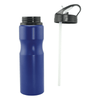 A drink bottle in blue aluminium with a black, straw-cap lid. It features a smooth, ergonomic design and has a logo.