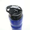 A drink bottle in vibrant blue with a black lid and spout, featuring a logo on the body.