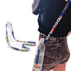 A drink bottle sling lanyard in vibrant colours, featuring a unique design, with a clear water bottle attached.