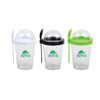 A drink bottle set featuring three cups in clear, black, and green with a spoon and a logo on each.
