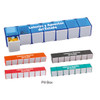 A blue 7-day pill box with separate compartments, accompanied by orange, green, and black versions in the background.