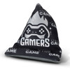 A black and grey bean bag phone holder with a gaming-themed design and a logo.
