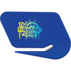 A blue letter opener featuring a logo with a colourful design and a sleek, curved shape.