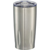 A drink bottle featuring a silver stainless steel body with a clear lid and a sleek design. It includes a logo.