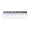 A clear pill case with grey lids labelled for each day and time for medication organisation.
