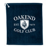 A navy blue terry golf towel featuring a logo and text for Oakend Golf Club, established 1972.