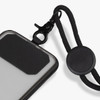 A black phone lanyard with a clear protective case, featuring a secure attachment clip and a circular adjustment piece.