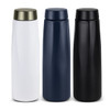 A drink bottle set featuring three 500ml bottles in white, navy blue, and black, with a sleek design and a logo.