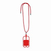 A red phone stand with a neck strap, featuring a simple design and a logo. Suitable for carrying and display.