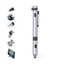A silver multifunction pen with a stylus tip, featuring a clip and various attachments visible in surrounding images.