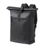 A black roll-top backpack with adjustable straps and a front zip pocket. It has a sleek, waterproof design.