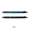 A metal pen set featuring a teal and a black pen, both with textured grips and clips. Each pen has a logo.