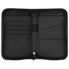 A black recycled travel wallet with RFID blocking features, featuring multiple card slots and a zip closure.