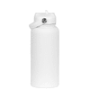 A drink bottle in white with a rubber coating and a screw cap, featuring a carrying strap and a logo.