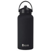 A drink bottle in matte black with a rubber-coated finish and a handle on the lid. It features a logo.