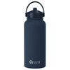 A drink bottle with a rubber-coated navy exterior and a sturdy handle, featuring a logo on the front.