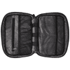 A grey recycled organiser pouch with multiple compartments and a mesh pocket, featuring a branding logo.