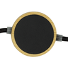 A round black charging pad with a bamboo border and a braided cable, designed for wireless charging.