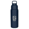 A drink bottle in dark blue featuring a logo and a matte finish, designed for keeping drinks hot or cold.