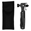 A black multi-tool and survival hammer with a sheath, featuring various tools and a logo.