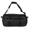 A black duffel bag with adjustable straps and a sturdy handle, featuring multiple attachment points and storage options.
