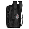 A black duffel bag with padded shoulder straps and a logo on the side. Features multiple carrying options.