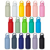 A drink bottle collection featuring various colours, including grey, white, yellow, orange, pink, green, and blue, with a logo.