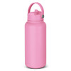 A drink bottle in a vibrant pink shade with a flip-top lid and a handle for easy carrying. It features a logo.