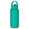 A drink bottle in a vibrant teal colour with a secure lid and a carry handle. It features a branding logo.