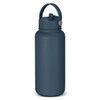 A drink bottle in a dark blue colour with a handle and a silver attachment, featuring a smooth finish.
