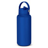 A drink bottle in a vibrant blue colour with a handle and a secure lid. It features a logo.
