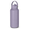 A drink bottle in a soft lavender colour with a handle and a screw-on lid, featuring a logo.